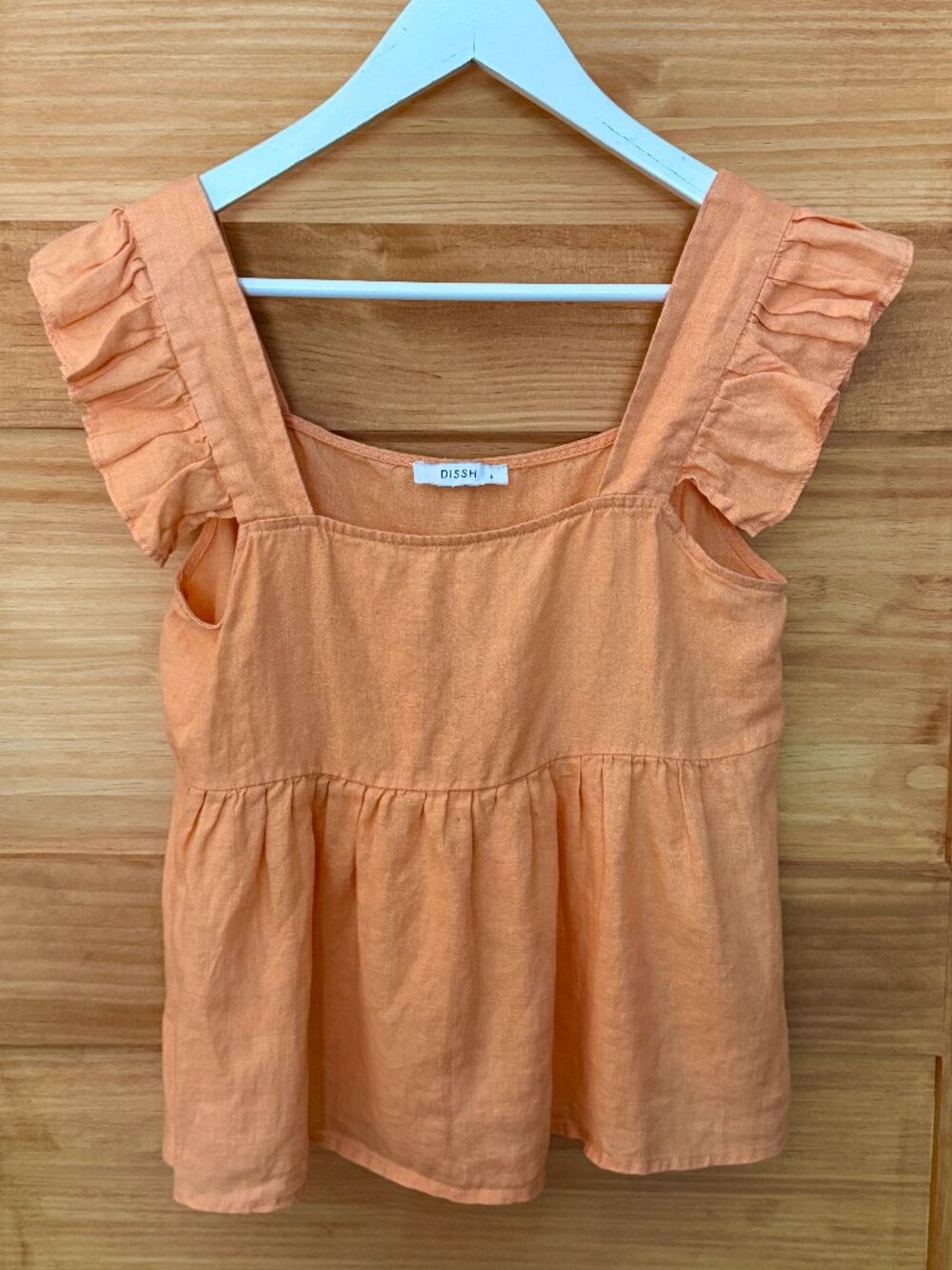 DISSH 100% Natural Linen Orange Ruffled Peplum Sleeveless Tank Top Women size 6